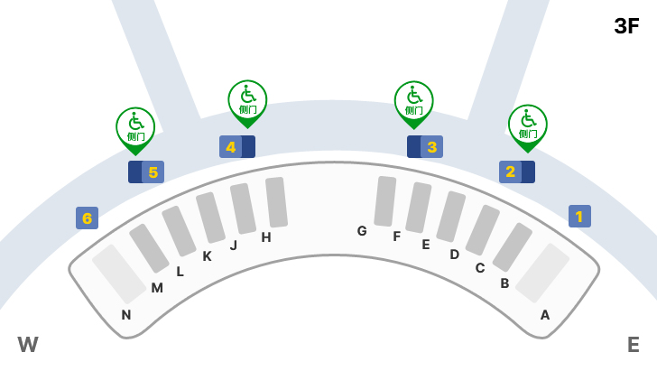 제1여객터미널 교통약자우대출구 위치 안내도 : 면세지역, 일반지역, A-N 체크인카운터, 1~6 출국장 등을 나타내고 있습니다. 제1여객터미널 교통약자우대 전용출구는 3층 2~5번 출국장 측문입니다.