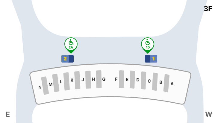 제2여객터미널 교통약자우대출구 위치 안내도 : 면세지역, 일반지역, A-N 체크인카운터, 1~2 출국장 등을 나타내고 있습니다. 제2여객터미널 교통약자우대출구는 3층 1번, 2번 출국장입니다.