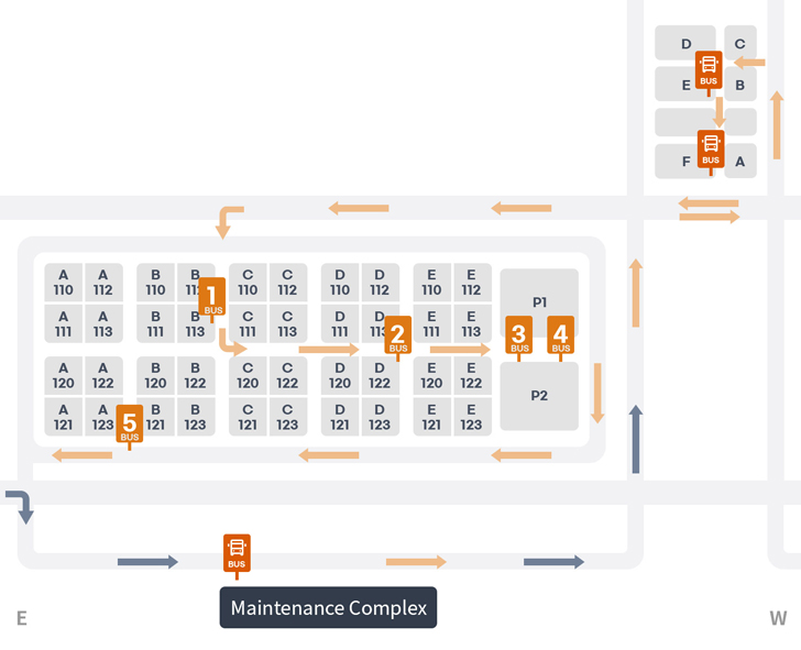 제2여객터미널과 장기주차장 간 무료순환버스 장기주차장 정차장 - 정비단지 / 장기주차장 B(B113), A(D122), 남측 주차타워, 북측 주차타워, C 탑승 