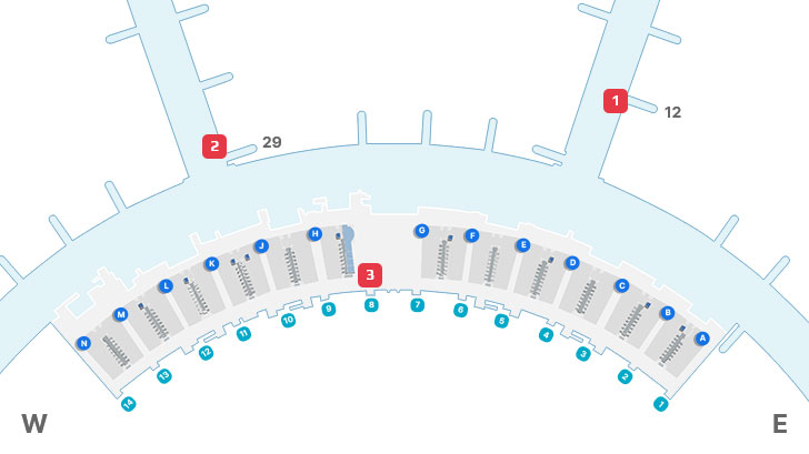 1. 면세지역 12번 게이트 부근, 2. 면세지역 29번 게이트 부근, 3. 일반지역 중앙(8번출구 앞)