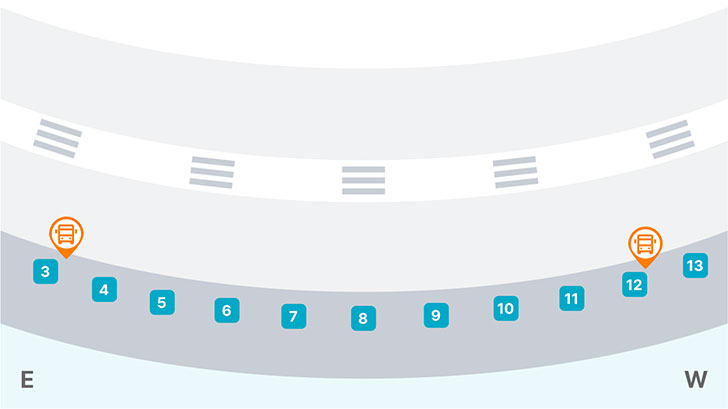 제1여객터미널과 제2여객터미널 간 무료순환버스 제1여객터미널 정차장 - 3층 3번, 12번 출입구앞 탑승 