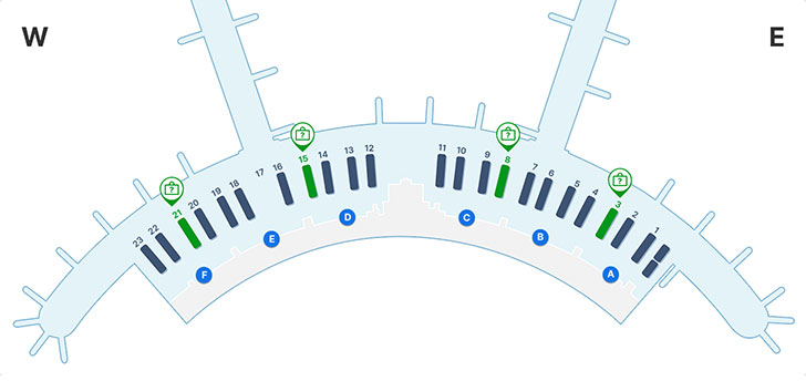 제1여객터미널 1층 면세지역, 일반지역, A-F 입국장 등을 나타내고 있습니다. 분실수하물 카운터는 면세지역 3, 8, 15, 21 에 위치하고 있습니다.