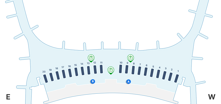 제2여객터미널 1층 면세지역, 일반지역, A-B 입국장 등을 나타내고 있습니다. 분실수하물 카운터는 면세지역 8-9 사이, 10-11 사이(중앙),12-13 사이에 위치하고 있습니다.