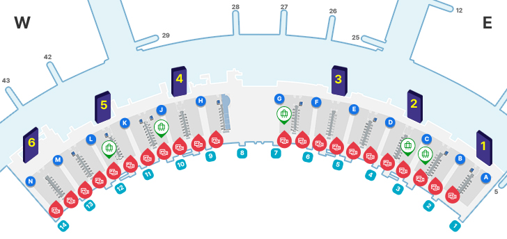 제1여객터미널 3층 면세지역, 일반지역, A-N체크인카운터, 1~6 출국장, 1~14 출입구등을 나타내고 있습니다. 셀프체크인 카운터는 A를 제외한 B, C, D, E, F, G, H, J, K, L, M, N에 있으며, 셀프백드랍 카운터는 C, G, J, L 에 위치해 있습니다.