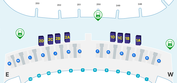제2여객터미널 3층 면세지역, 일반지역, A-N 체크인카운터, 1A~2D 출국장, 1~12 출입구등을 나타내고 있습니다. 나이스정보통신 내국세환급 자동화기기는 면세지역 3층 248번 게이트 맞은편, 250번 게이트 부근, 253번 게이트 맞은편에 위치하고 있습니다.