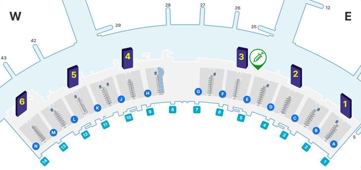 제1여객터미널 3층 면세지역, 일반지역, A-N 체크인카운터, 1~6 출국장, 1~14 출입구등을 나타내고 있습니다. 예방접종증면서 재교부 장소는 일반지역 3번 출국장 옆에 위치해 있습니다.