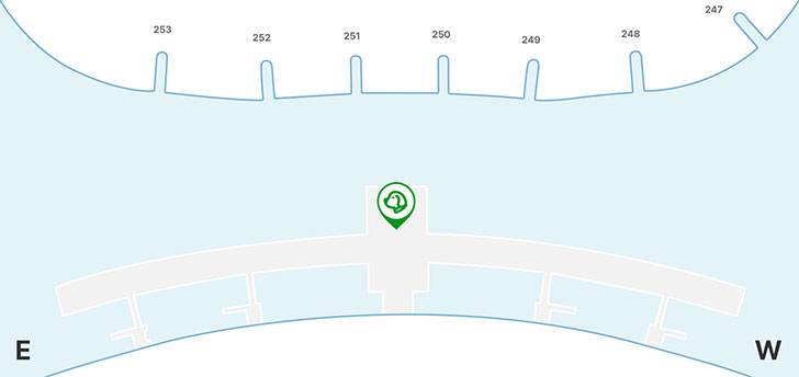 제2여객터미널 2층 면세지역, 일반지역을 나타내고 있습니다. 동식물검역증명서 교부장소는 일반지역 중앙에 위치해 있습니다.