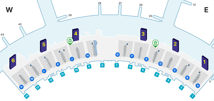 제1여객터미널 3층 면세지역, 일반지역, A-N 체크인카운터, 1~6 출국장, 1~14 출입구등을 나타내고 있습니다. 대형수하물 카운터는 E, J 카운터 부근에 위치해 있습니다.