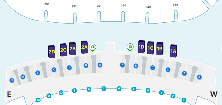 제2여객터미널 3층 면세지역, 일반지역, A-N 체크인카운터, 1A~2D 출국장, 1~12 출입구등을 나타내고 있습니다. 대형수하물 카운터는 E, G 카운터 1D, 2A 출국장 부근에 위치해 있습니다.
