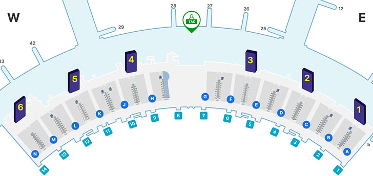 제1여객터미널 3층 면세지역, 일반지역, A-N 체크인카운터, 1~6 출국장, 1~14 출입구등을 나타내고 있습니다. 한국정보통신 내국세환급 창구는 면세지역 3층 28번 게이트 부근에 위치하고 있습니다.