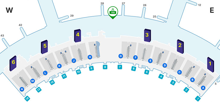 제1여객터미널 3층 면세지역, 일반지역, A-N 체크인카운터, 1~6 출국장, 1~14 출입구등을 나타내고 있습니다. 한국정보통신 내국세환급 자동화기기는 면세지역 3층 28번 게이트 부근에 위치하고 있습니다.
