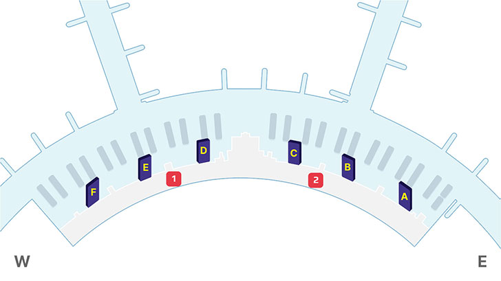 제1여객터미널 휠체어 대여 및 점자 브로셔 안내데스트 안내 - 1. 일반지역 D-E입국장 앞, 2. 일반지역 B-C입국장 앞