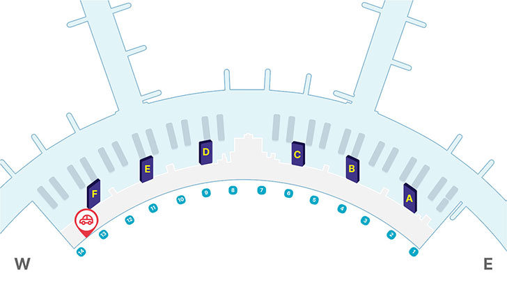렌터카 위치안내도 : 면세지역, 일반지역, 입국장(A,B,C,D,E,F), 출입구(1~14)등을 나타내고 있습니다. 제1여객터미널 렌터카 위치는 일반지역 1층 13번, 14번 출입구 사이입니다.