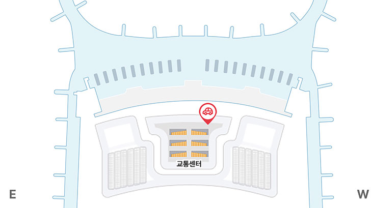렌터카 위치안내도 : 면세지역, 일반지역, 입국장(A~B)등을 나타내고 있습니다. 제2여객터미널 렌터카 위치는 교통센터 지하 1층 서편입니다.