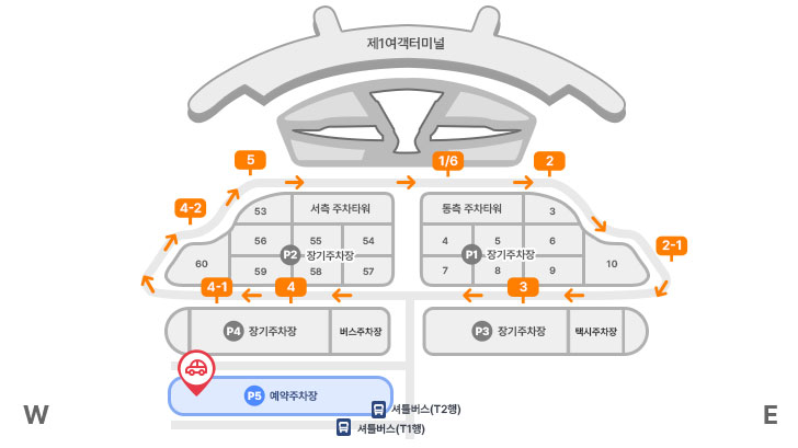 카셰어링 위치안내도 : 제1여객터미널 장기주차장을 나타내고 있습니다. 제1여객터미널 카셰어링 위치는 장기주차장 서측 주차타워 옆 53번 구역입니다.